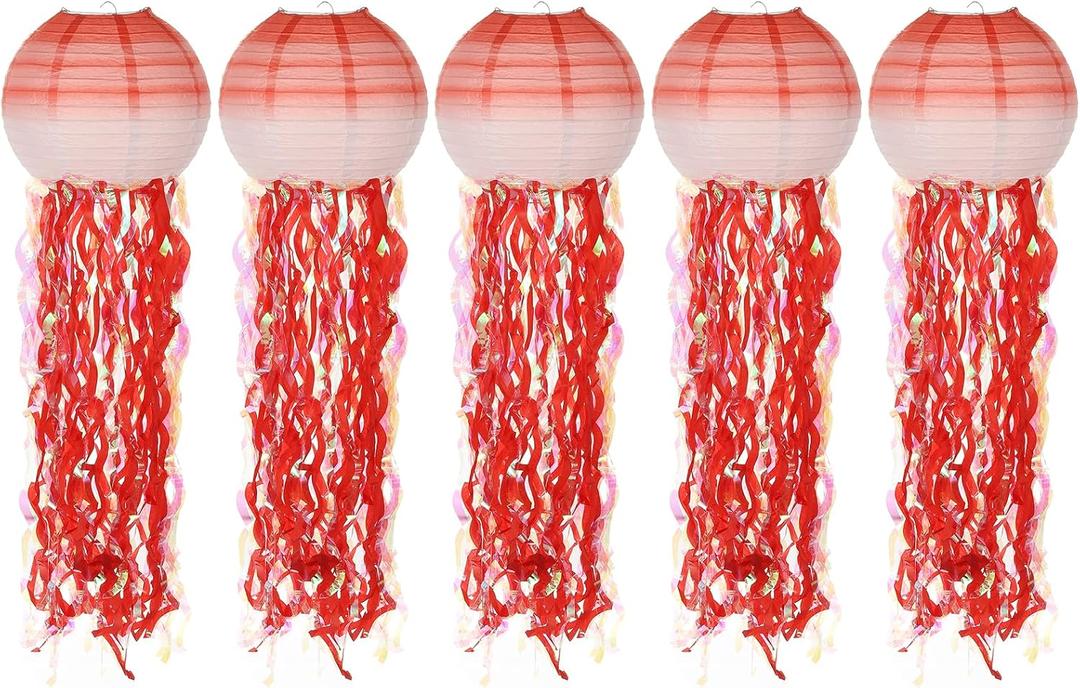 PATIKIL 10inch Jellyfish Paper Lanterns, 5Pcs Ocean Theme Party Under The Sea Hanging Decorative Lantern for Birthday Wedding Bridal Showers Decor Supplies, Red