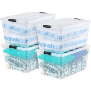 IRIS USA 94 Qt Stackable Plastic Storage Bins with Lids, 4 Pack - BPA-Free, Made in USA - See-Through Organizing Solution, Latches, Durable Nestable Containers, Secure Pull Handle - Clear