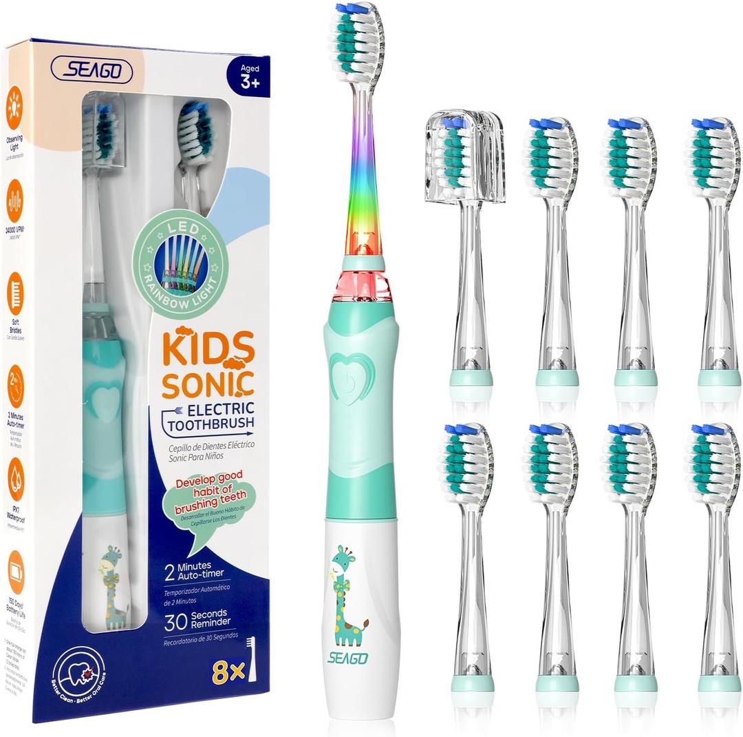 SEAGO Kids Electric Toothbrush with 2 Mins Brushing Timer and 8 Replacement Bursh Heads,Rainbow LED Light Make Brushing Fun, Blue Color Boys Battery Powerd Toothbrush for 4-12 Years Old (Green)