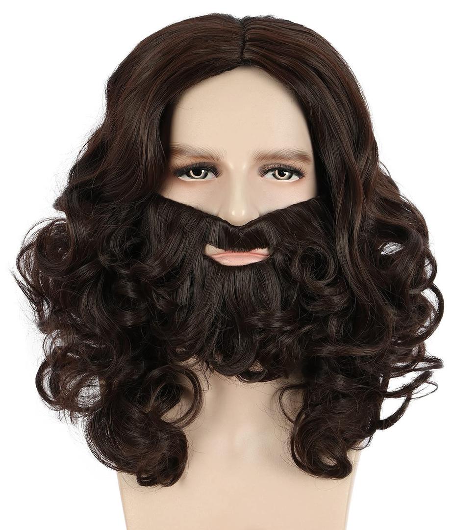 karlery Adult Men Long Wave Brown Mustache Beard Wig Halloween Costume Cosplay Party Wig