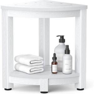 Y&M Corner Shower Stool for Inside Shower, Waterproof Shower Bench for Shaving Legs, 2-Tier Bath Bench with Storage Shelf for Bathroom, Living Room, Indoor or Outdoor Use, White