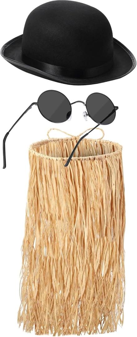 Geyoga Black Derby Hat Polarized Round Sunglasses Raffia Costume Hat Circle Sunglass Hawaiian Grass Mini Skirt Luau Skirt (29.9 Inch)