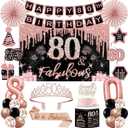 80th Birthday Decorations for Women,32PCS 80th Birthday Party Decorations,Including Backdrop, Crown, Sash, banner, Hanging Swirl,Cake Topper,balloons,Paper Fans,Anniversary Card and paper fans