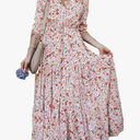 Women's Red Boho Floral V Neck Maxi Dress with Half Sleeves, Size M