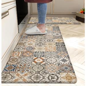 Boho Kitchen Rugs Set 2 Memory Foam Colorful Ceramic Comfort Tile Floor Mat Anti Fatigue Non-Skid PVC Runner Rug Water & Oil Proof Carpet for Kitchen Laundry Sink,17.3x28+17.3x47 Inch, C3