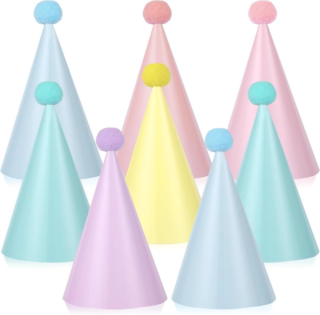 CHUNNIN 48pcs Rainbow Party Hats Pastel Rainbows Birthday Parties Supplies Macaron Cone Hat Happy Birthdays Paper Headwear with Pom Pom for Kids and Adults Baby Shower Bridal Shower Decorations Favors