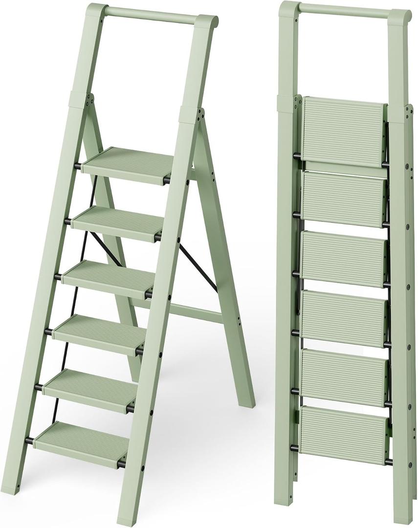 Mayi Plus 6 Step Ladder, Lightweight Folding Step Stool with Convenient Handgrip,Aluminum 330lbs Capacity Step Ladder for Office,Household,Kitchen,Library(Green)
