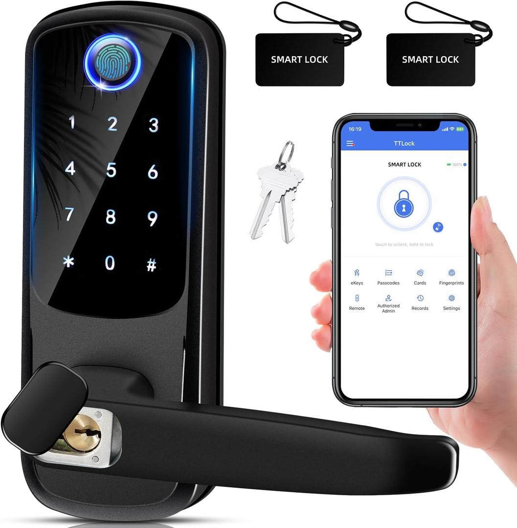 Smart Door Lock with Handle, Keyless Entry Digital Lock for Front/Interior Door,Fingerprint Exterior Locks, Electronic Deadbolt with Keypad,Biometric Door Knob,Smart Locks for Home, Apartment, Office, Black