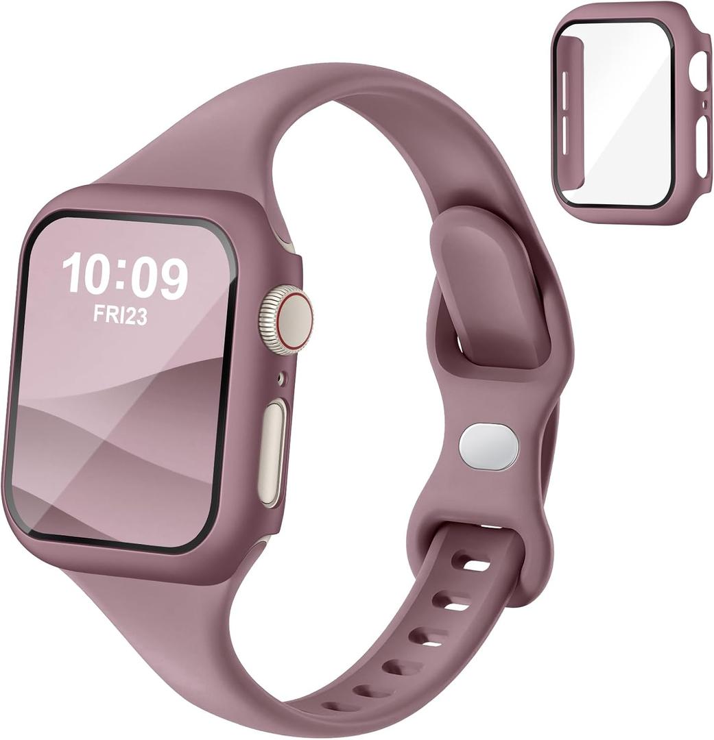 Thin Slim Band and Case Compatible for Apple Watch Bands Women Men 40mm 44mm 42mm 46mm 41mm 45mm, Silicone Sport Strap Cover and Screen Protector for iWatch Series 11/10/9/8/7/6/5/4/SE 3