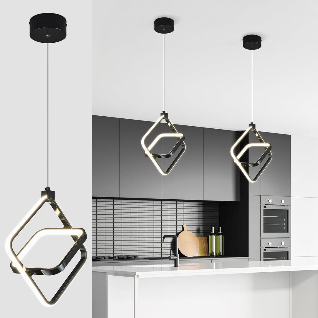 Modern LED Pendant Lights Plated Black Rectangular Pendant Light Fixtures 4000K 20W Dimmable Pendant Lighting for Dining Room Kitchen Island Bedroom Living Room Foyer2-Pack