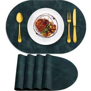 ADRIMER Placemats, Heat Resistant Oval Placemats Set of 4 Washable 12 x 17 Inch, Waterproof Table Mats, Wipeable Pu Place Mats for Kitchen, Dining Room, Dark Blue