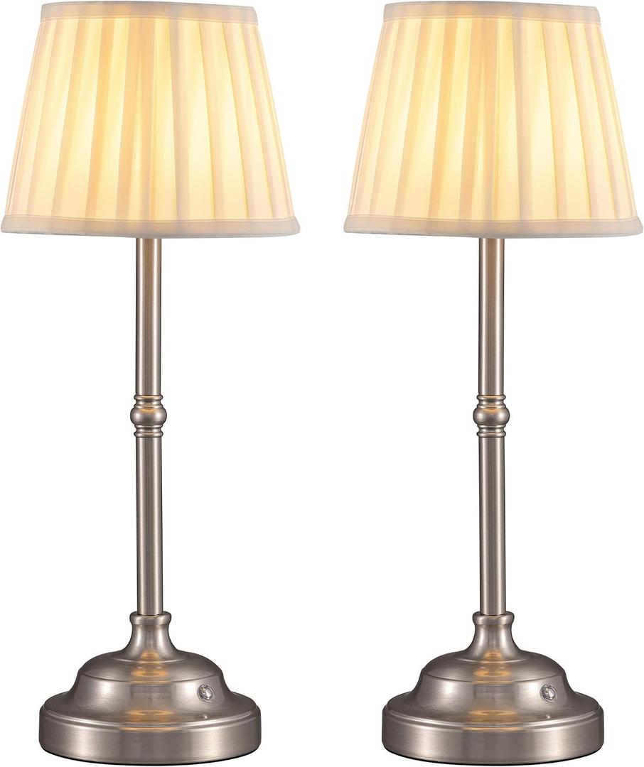 KDG Cordless LED Table Lamp Set of 2, Portables Fabric Shade Desk Lamps, 4000mAh Rechargeable Battery Powered Lighting, Dimmable Light for Dining Room, Bedroom, Bedside, Night Light, Balcony (Nickel)
