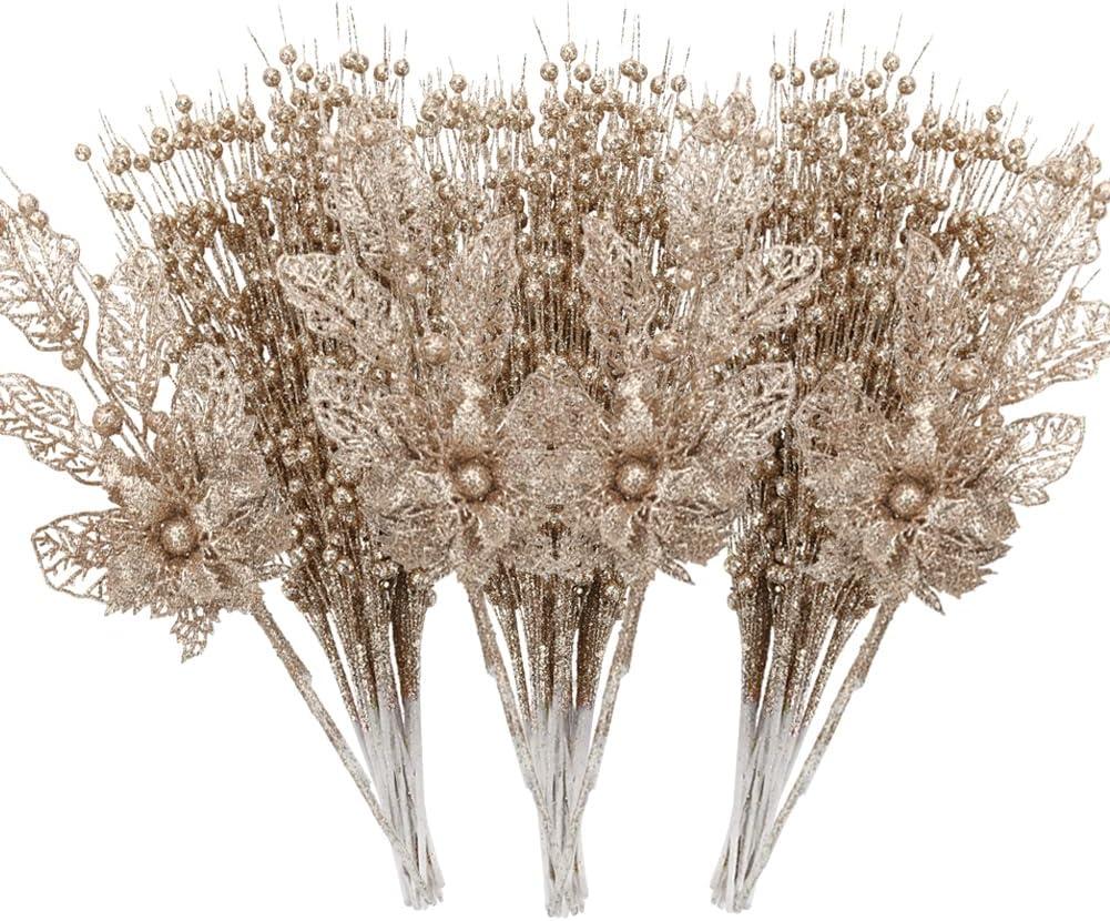 ROSELEAF 28 Pack Christmas Tree Ornaments Set, Champagne Artificial Glitter Berry Flowers Stem Branches Picks for Xmas Tree Decoration Gift Small Vase Home Holiday Wedding Party Decor