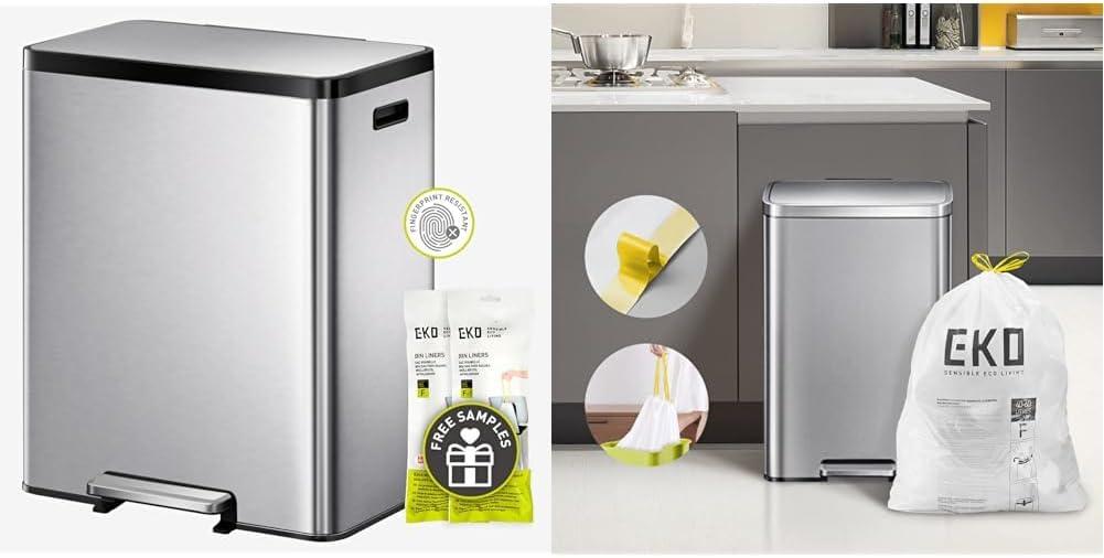 EKO EcoCasa II 36L+24L Dual Trash Can with Recycle Bin, Stainless Steel Garbage Can with Lid & Easy-Dispense Roll of 60 Count Extra-Strong Drawstring Kitchen Trash Bags - 13 Gallon