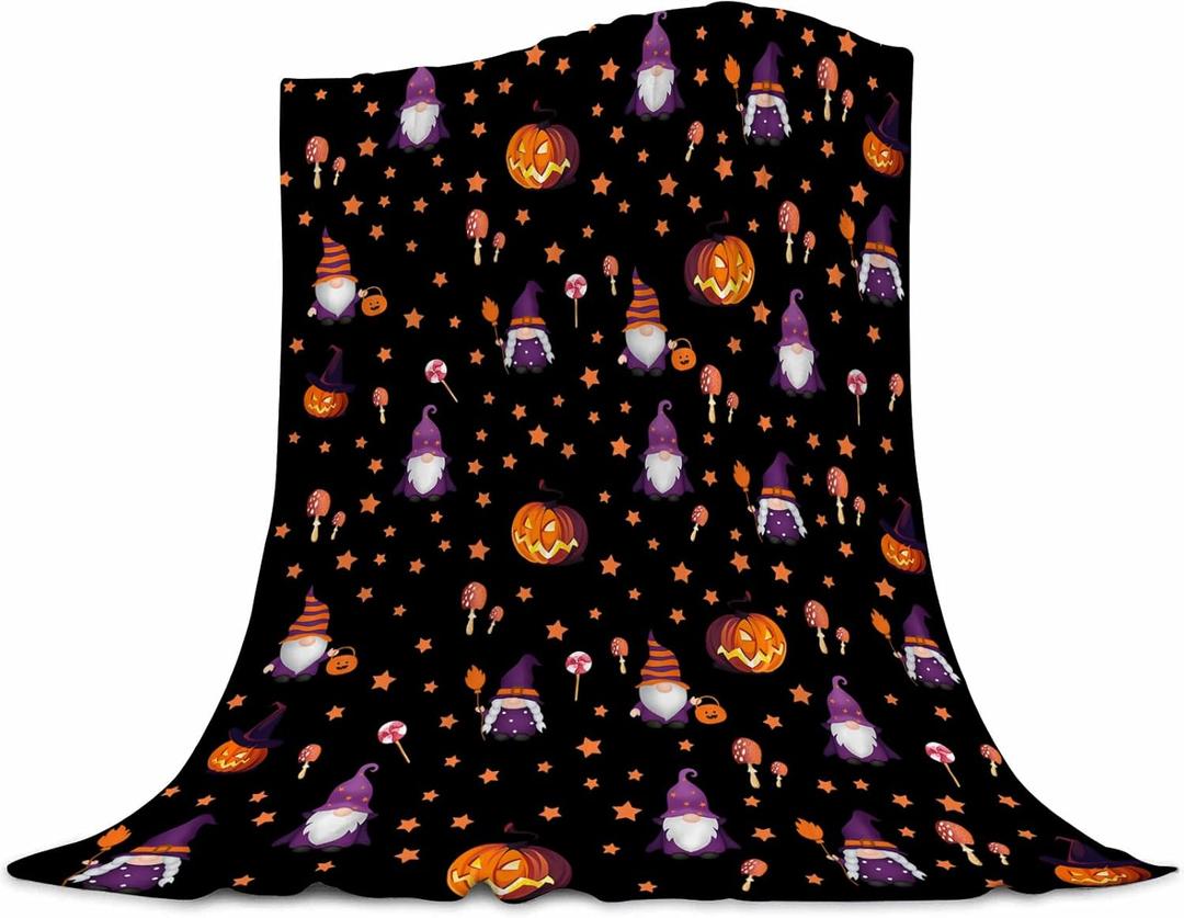 Halloween Blanket Cute Gnome Pumpkin Black Blanket Halloween Lightweight Throw Blanket for Women Kids Soft Cozy Fleece Couch Living Room 40x50 inches