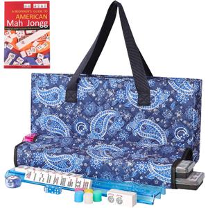 American Mahjong Game Set, 166 White Tiles, Blue Printed Bag with Entire Accessories, 4 All-in-One Rack/Pushers, Mahjong Tiles Set