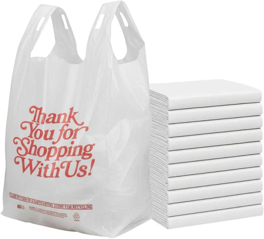 ASSUREPAK Easy Open - White 'Thank You' HDPE T-Shirt Bags - 1/6 BBL 11.5"X6"X21" - 18 Microns  600 Units  Thank You Shopping Bags for Retail, Takeout, Restaurant Supplies