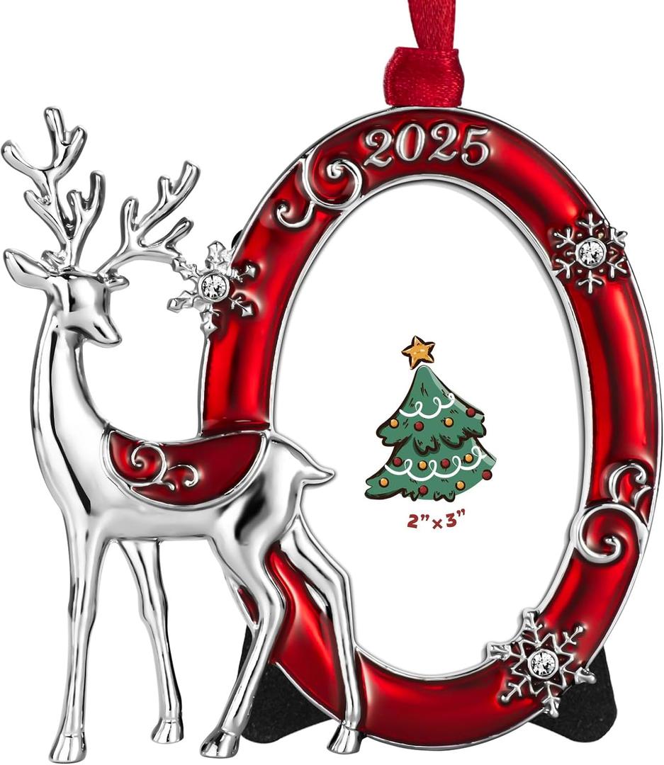 Timelara Christmas Photo Picture Frame, Metal, 3x2 Inches, Hanging Ornaments Pendant Holiday Gift (Red Deer)