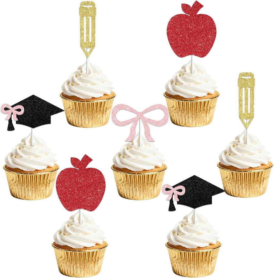 36Pcs Teacher Graduation Cupcake Toppers, Glitter Graduation Cap Apple Bow Pencil Cupcake Picks from Student to Teacher Cake Decorations for Class of 2026 Congrats Grad Party Supplies
