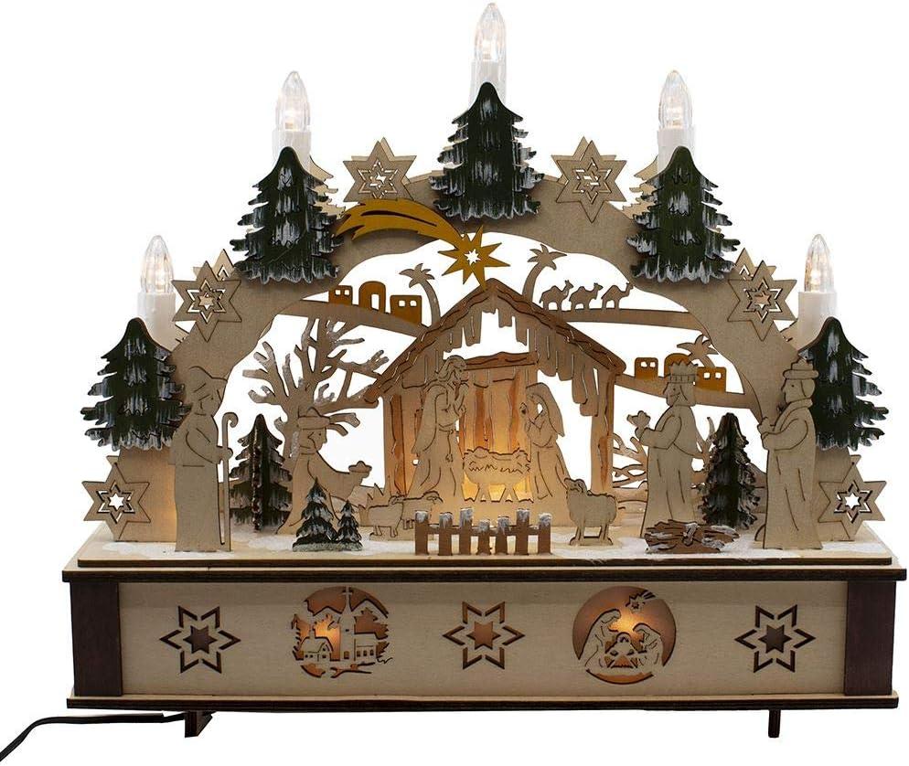 11-Inch Battery-Operated Light-Up Wooden Nativity Scene with Candles