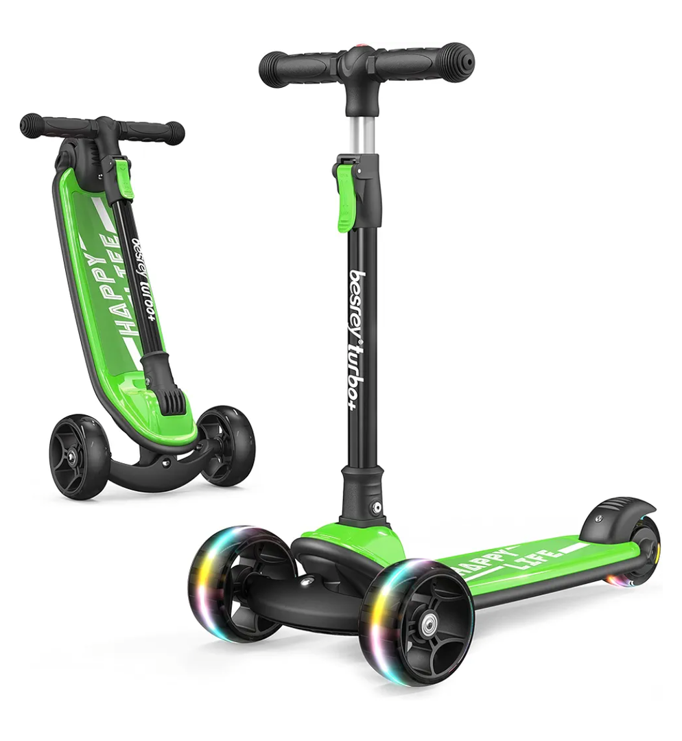 Besrey Kick Scooter for Kids Ages 3-10, 3-Wheel Folding Scooter with Adjustable Height, LED Light Wheels, Extra Wide Deck for Outdoor Activities