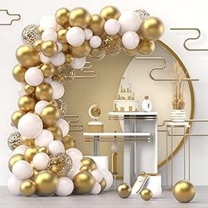 White Gold Confetti Balloons Arch Kit, 120 PCS 12in 10in 5in Latex Metallic Gold White and Gold Confetti Balloons Garland Arches Kit for Birthday, Wedding, Anniversary, Celebrations, Prom Bridal Shower Party Decoration