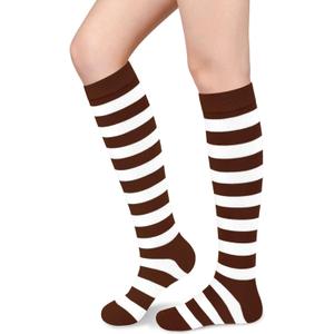 Olreco Womens Knee High Socks for Women Knee Socks for Women Long Sock Woman Striped High Sock Athletic Halloween Accessories (One Size, Brown White Striped)