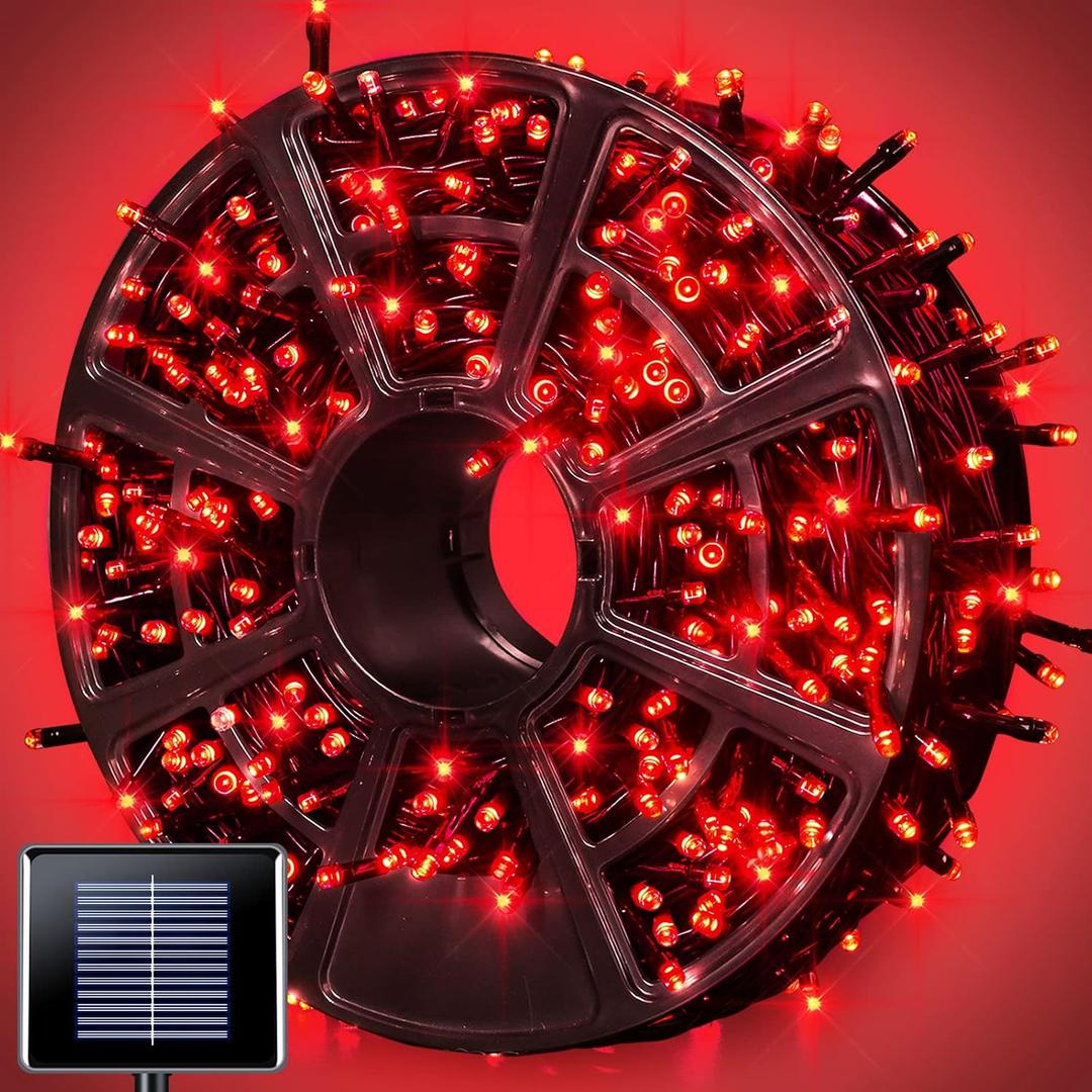 JMEXSUSS 600 LED Red Solar Christmas Lights, 206.7ft Red Solar Lights Outdoor Waterproof, 8 Modes String Light for Outside Patio House Tree Party Xams Tree Christmas Decorations