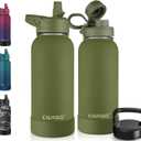 CIVAGO 32 oz Insulated Water Bottle With Straw, Stainless Steel Sports Water Cup Flask with 3 Lids (Straw, Spout and Handle Lid), Wide Mouth Travel Thermal Mug, Army Green