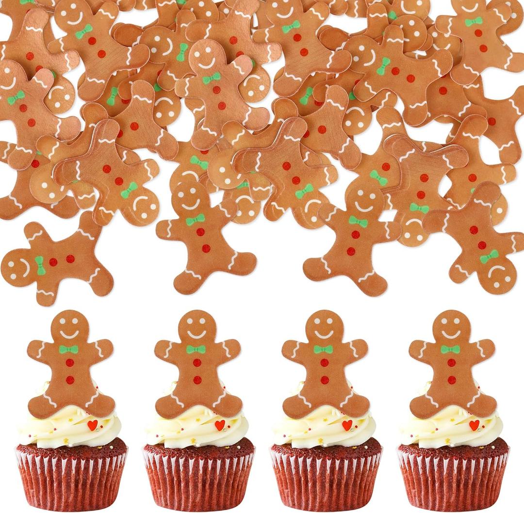 Ercadio 40 Pcs Edible Merry Christmas Cupcake Toppers Brown Gingerbread Man Cupcake Drink Topper Picks for Celebrating Merry Christmas Theme New Year Holiday Party Cake Decorations Supplies