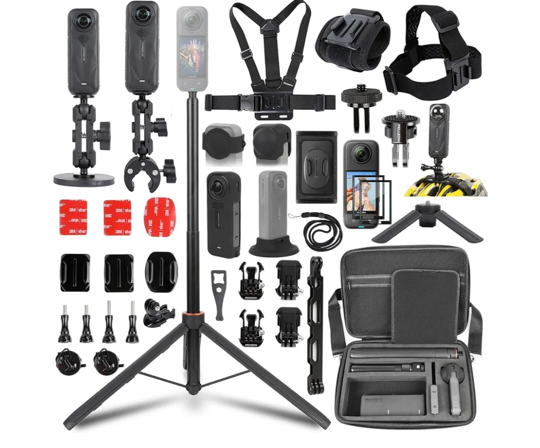 PellKing Accessories Kit for Insta360 X5,Included Carrying Case with Belt,135cm Selfie Stick Tripod,Aluminium Handlebar Clamp.2 Pcs Metal 1/4" Adapter,Magnetic Mount,4 Pcs Body Strap Mount,and Other
