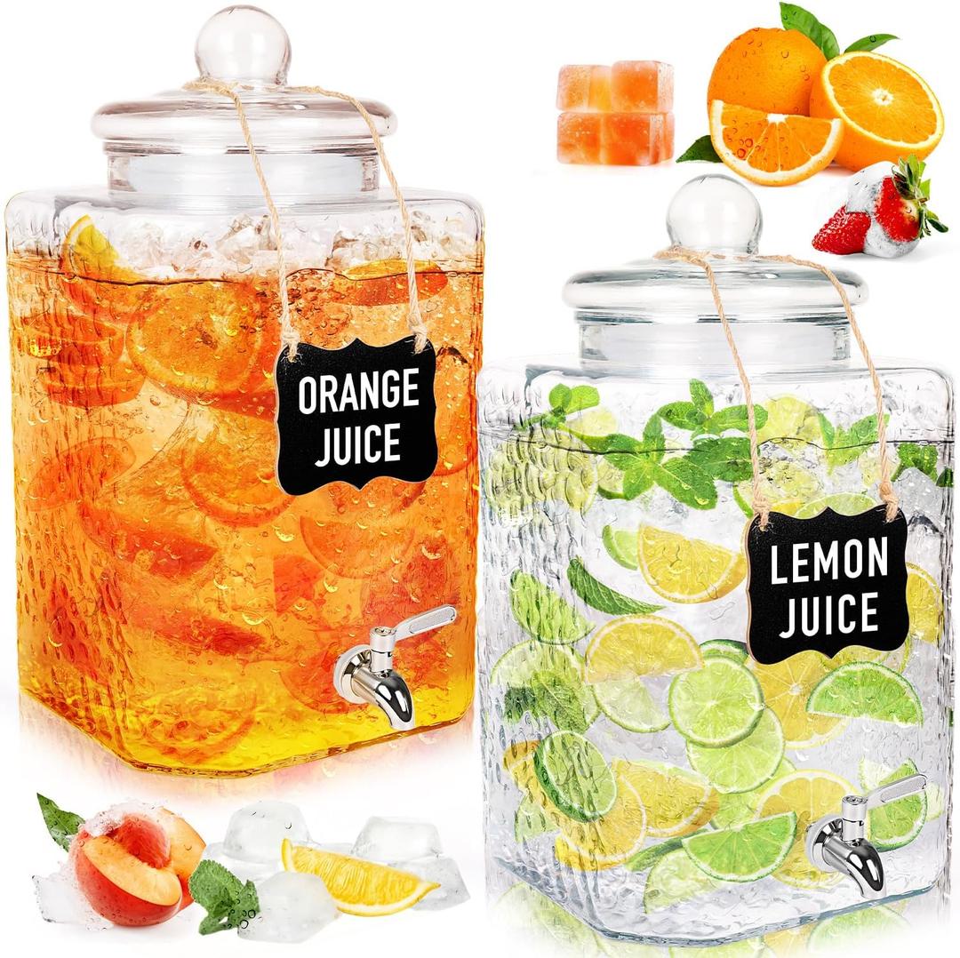 2 Pack 4.6 Gallon Glass Water Dispenser with Lids Stainless Steel Spigot Hammered Clear Drink Beverage Dispenser Water Jug Container for Lemonade Water Juice Iced Tea Party Wedding Kitchen