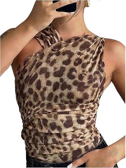 GORGLITTER Women's Cheetah Leopard Print V Neck Summer Thong Bodysuit Animal Sleeveless Backless Going Out Leotard Tops Brown Medium