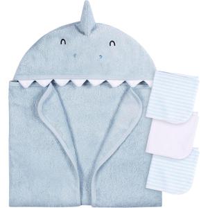 Kids 1 Piece Animal Character Hooded Towel and Washcloth Set, Blue Shark, One Size