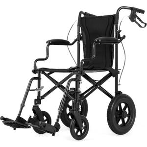 Ultralight Transport Wheelchair for Adults & Kids, Weights only 22lbs, Folding Travel Wheelchair with Handbrakes, Detachable Footrests, Swing Away Armrests and 12" Rear Wheels, Black