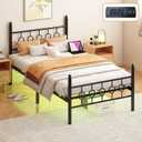 Jenmit Twin Bed Frames with Headboard, LED Bed Frame with Charging Station, Metal Platform, Under-Bed Storage, No Box Spring Needed, Noise Free, Easy Assembly, Black