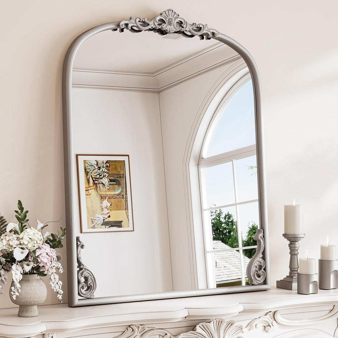 TETOTE Silver Arched Mantle Fireplace Mirror 30 x 36 Vintage Antique Silver Traditional Baroque Ornate Arch Mirror for Bathroom Living Room Bedroom, French Cleat Mount