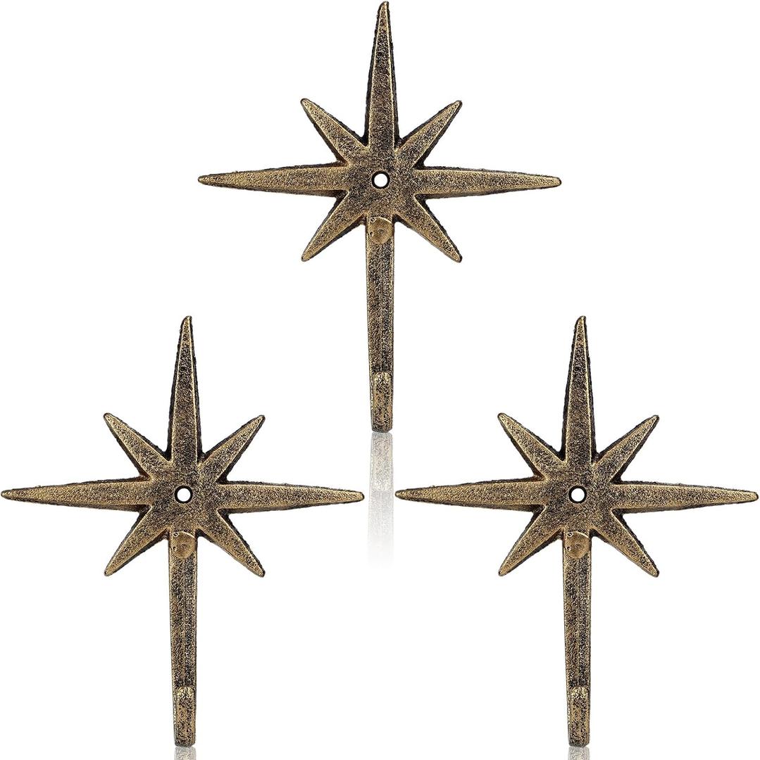 3 Pcs Cast Iron 8 Pointed Atomic Starburst Cute Wall Hooks Mid Century Star Hooks Modern Decor Easy Install Decorative Towel Hook for Coats Aprons Hats Vintage and Eclectic Decor