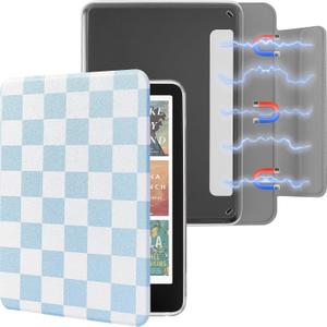 Detachable Magnetic Case for 6.8" Kindle Paperwhite (11th Generation-2021) and Kindle Paperwhite Signature Edition, Slim PU Shell Cover Case with Auto Wake/Sleep, Blue and White Checkerboard