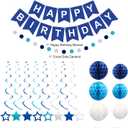 meowtastic Birthday Decorations, Happy Birthday Banner with Honeycomb Balls, Stars Hanging Swirl Streamers, Circle Dots Garland, Happy Birthday Party Decorations for Women Men Boys Girls (Blue)