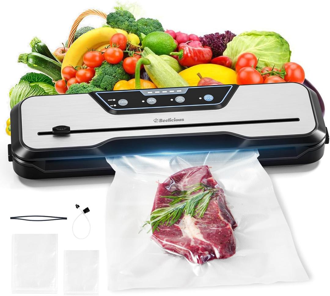 Automatic Food Vacuum Sealer Machine, Beelicious 8-In-1 Food Vacuum Saver with Starter Kits, Pulse Function, Moist & Dry Mode and External VAC for Jars and Containers, Silver-Grey