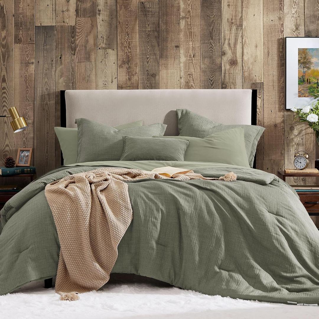 Geniospin Queen Comforter Set - 7 Pieces Comforter Queen Size, Solid Bedding Set for All Season, Textured Bed in a Bag with Sheets, Pillowcases and Shams (Sage Green, 90''x90'')