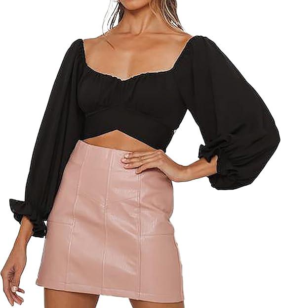 Women's Puff Long Sleeve Strapless Crop Top Off Shoulder Tie Up Back Ruffle Square Neck Chiffon Shirt, Size S