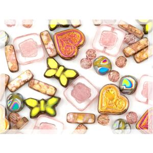 2.1 Oz (60G) Of Focal Glass Bead Mix With Table-Cut Flower And Butterfly Beads, PG Pale Green Pink