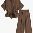 Mingzhu Women's 2 Piece Outfits Short Sleeve Zipper Drawstring Waist Safari Shirts Elastic Waist Wide Leg Pants With Pockets, Size Medium