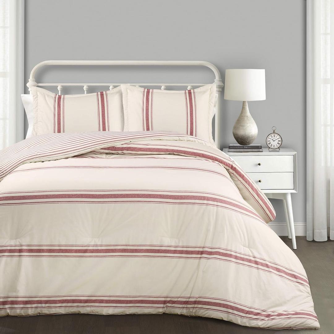 Lush Decor Farmhouse Stripe Reversible Cotton Comforter Set, 3 Piece Set, Full/ Queen, Red - Cozy Frmhouse Bedding Set - Rustic Decor - Striped Comforter - Modern Farmhose Bedroom Decor