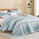 Litanika Quilt Queen Size Spa Blue, Stripe Patchwork Summer Bedspread Coverlet 3 Pieces, Soft Lightweight Polyester Quilted Bedding Set for All Season(1 Quilt, 2 Pillowcases)