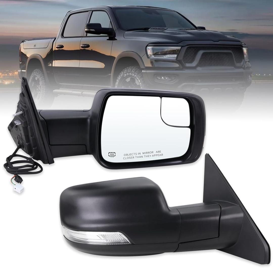 Right Passenger Side Mirror Compatible With Dodge Ram 1500 2019-2024 With Power and Heated Glass, Turn Signal Light and Puddle Light,Manual Folding/Textured Back