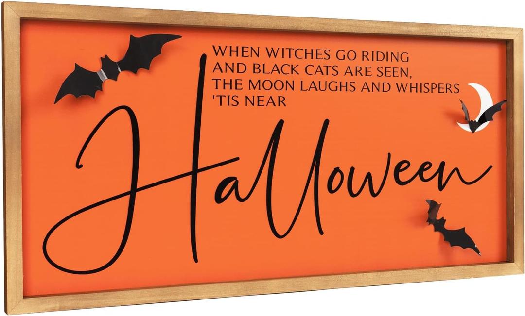Halloween Wall Art Framed with 3D Bat, 23.611.8 Inch Wooden Orange Halloween Sign Decor, Indoor Bedroom Bathroom Living Room Rustic Farmhouse Decorations for Home