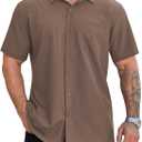 Hardaddy Men's Casual Button Down Shirts Short Sleeve Stretch Button Up Pattern Business Dress Shirt for Men (3X-Large, Brown)